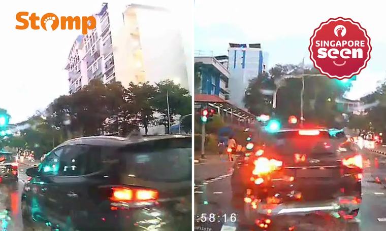 ‘Oh sh*t’: Woman ferrying 3 students forced to jam on her brakes as driver cuts into her lane on wet road